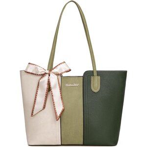 Women Beige With Green Imported Vegan Leather Medium Top Handle Satchel Tote Bag